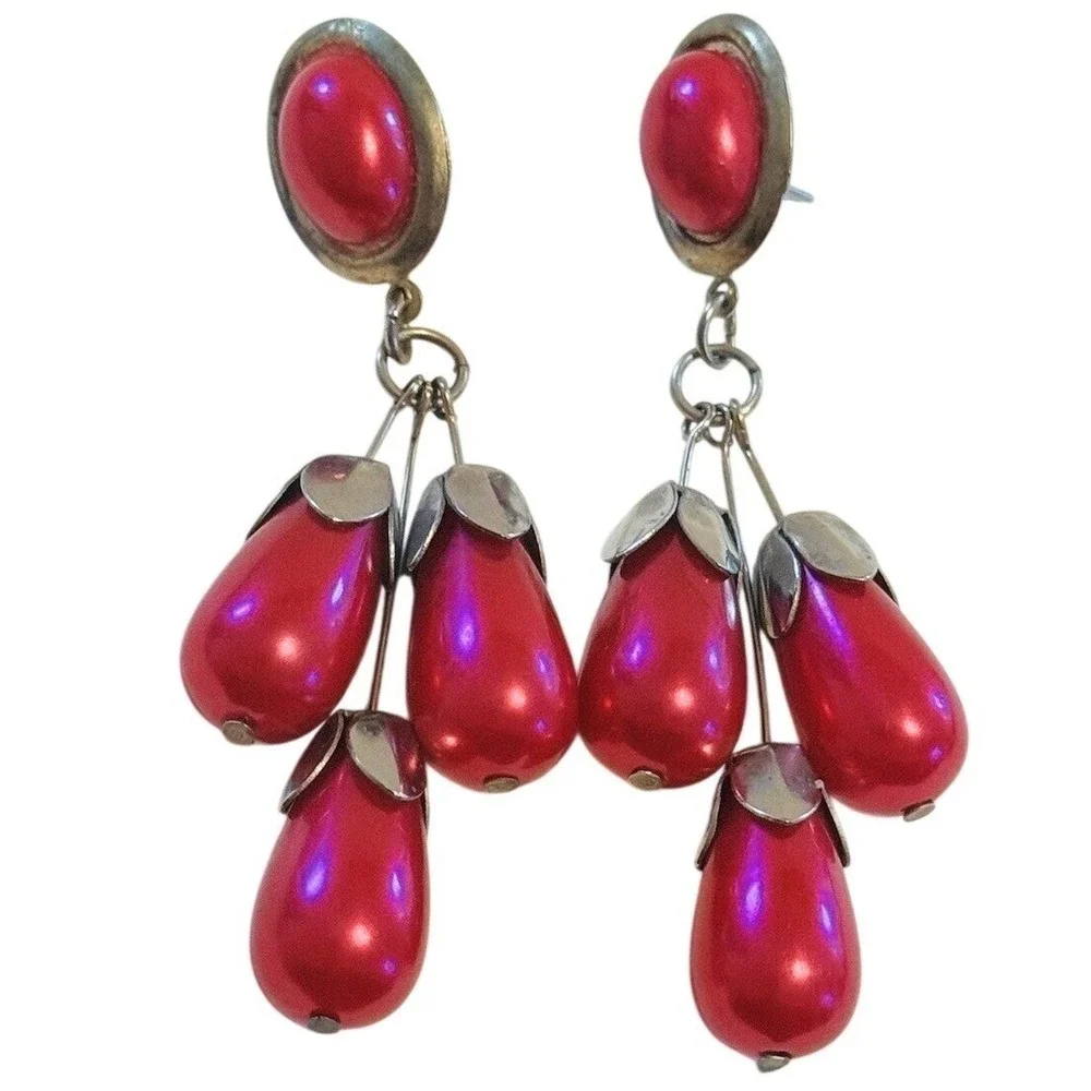 Flashy Earrings VTG Dangle Pink Magenta‎ Beaded Waterfall Statement Retro 70s